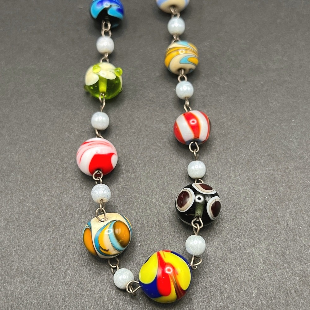 Vintage Beaded Necklace Lampwork Art Glass Multicolor Marbled 20" - Picture 6 of 10